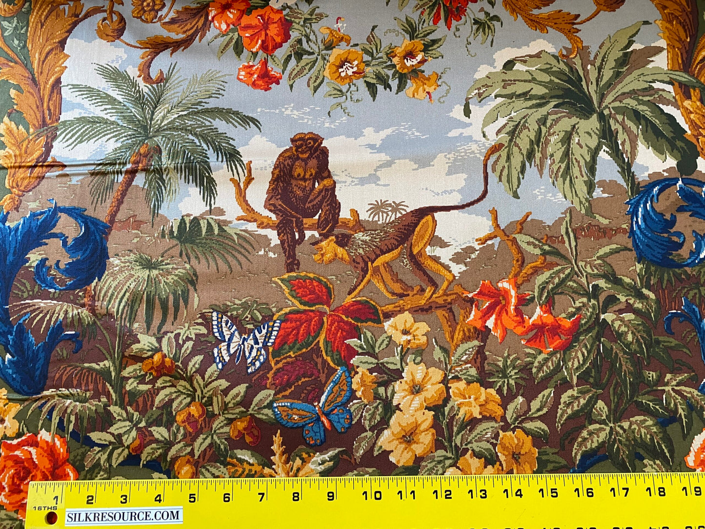 By 26"L Scalamandre Fonthill Paradiso Indiano Loden Exotic Leopard Parrot Safari Bird Print Cotton Green Red Orange blue MSRP USD558/yard