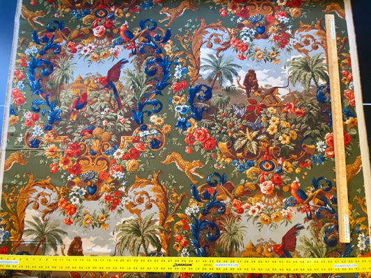 By 26"L Scalamandre Fonthill Paradiso Indiano Loden Exotic Leopard Parrot Safari Bird Print Cotton Green Red Orange blue MSRP USD558/yard