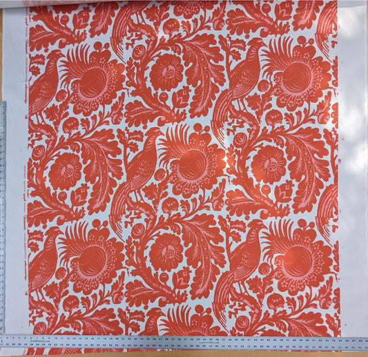 Scalamandre Resist Print Bird Flower Toile Linen Tangerine Red Orange on White MSRP USD 300/Y