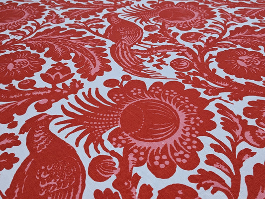 Scalamandre Resist Print Bird Flower Toile Linen Tangerine Red Orange on White MSRP USD 300/Y