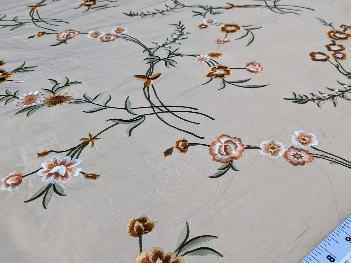 Scalamandre Chahna in Day Lily Orange Silk Embroidery Light Gold Orange daisy Rose Vine & Flower MSRP USD344/y