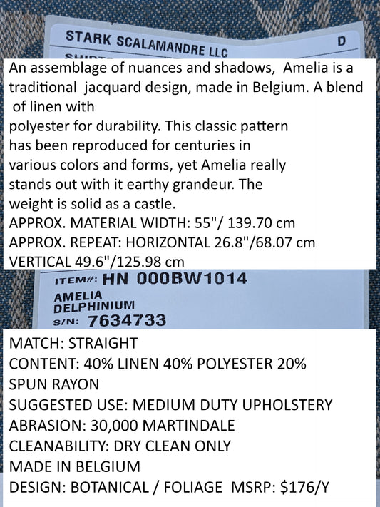 Scalamandre Amelia Delphinium Blue Renaissance Damask Jacquard Linen Acanthus Feather MSRP USD 176/y