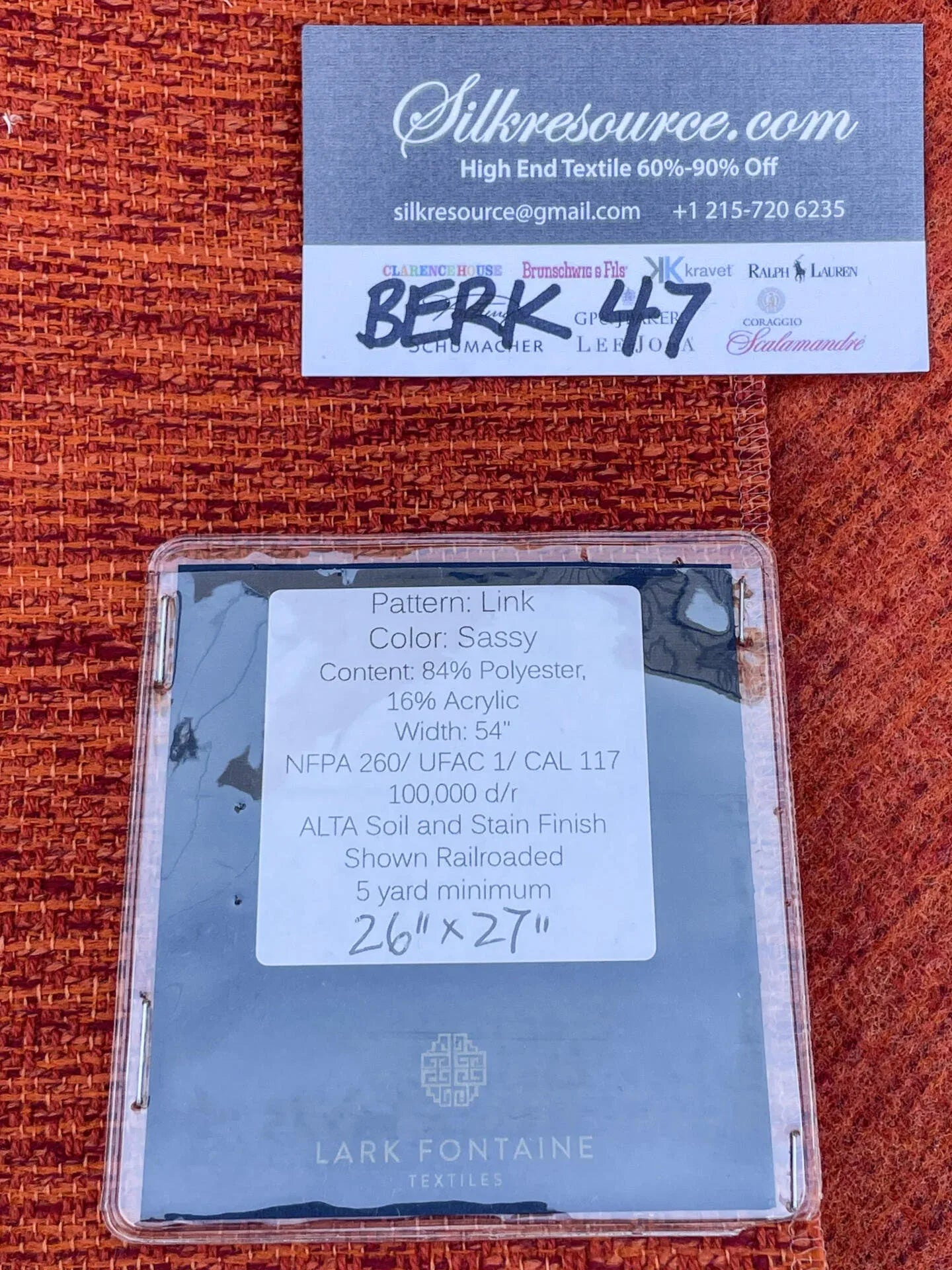 6 Berkbox47 26″x 27″ Square Scalamandre LINK Sassy Orange Texture Solid