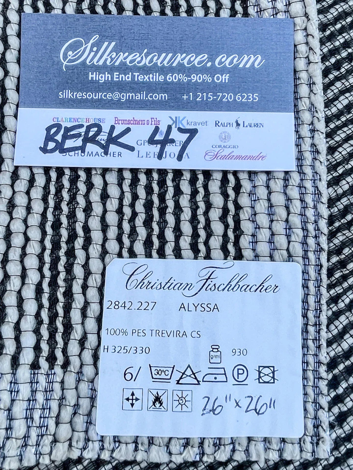 7 Berkbox47 26"x 26" Square Scalamandre Alyssa Black and White 100% PES Trevira CS Texture