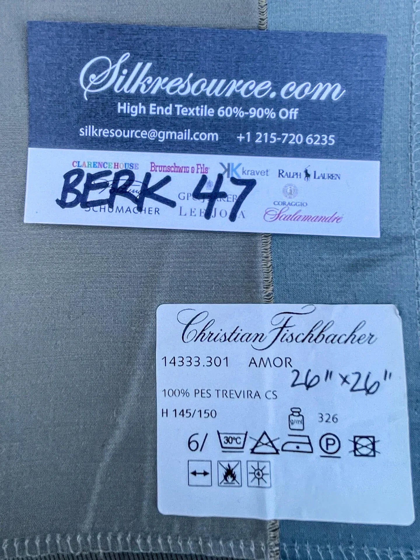 18 Berkbox47 26″x 26″ Square Christian Fischbacher Amor Stripe Blue Gray 100% PES TREVIRA CS