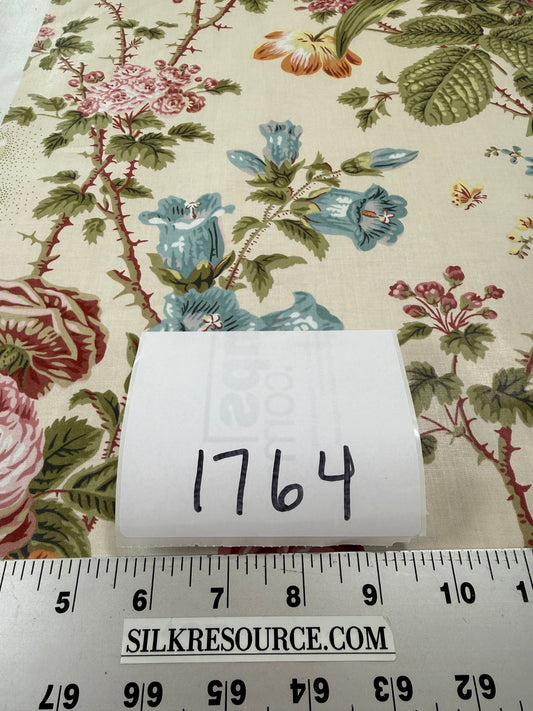 Claire Austin English Cottage Climbing Rose Bluebell Chintz Print Red Green Pink Yellow on Pale Pink 100% Cotton MSRP USD 355/Y