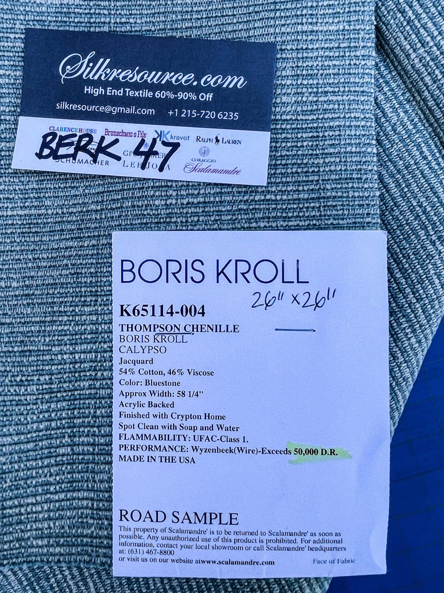 25 Berkbox47 26″x 26″ Square Scalamandre Boris Kroll Spencer Chinille Bluestone Jacquard Light Blue