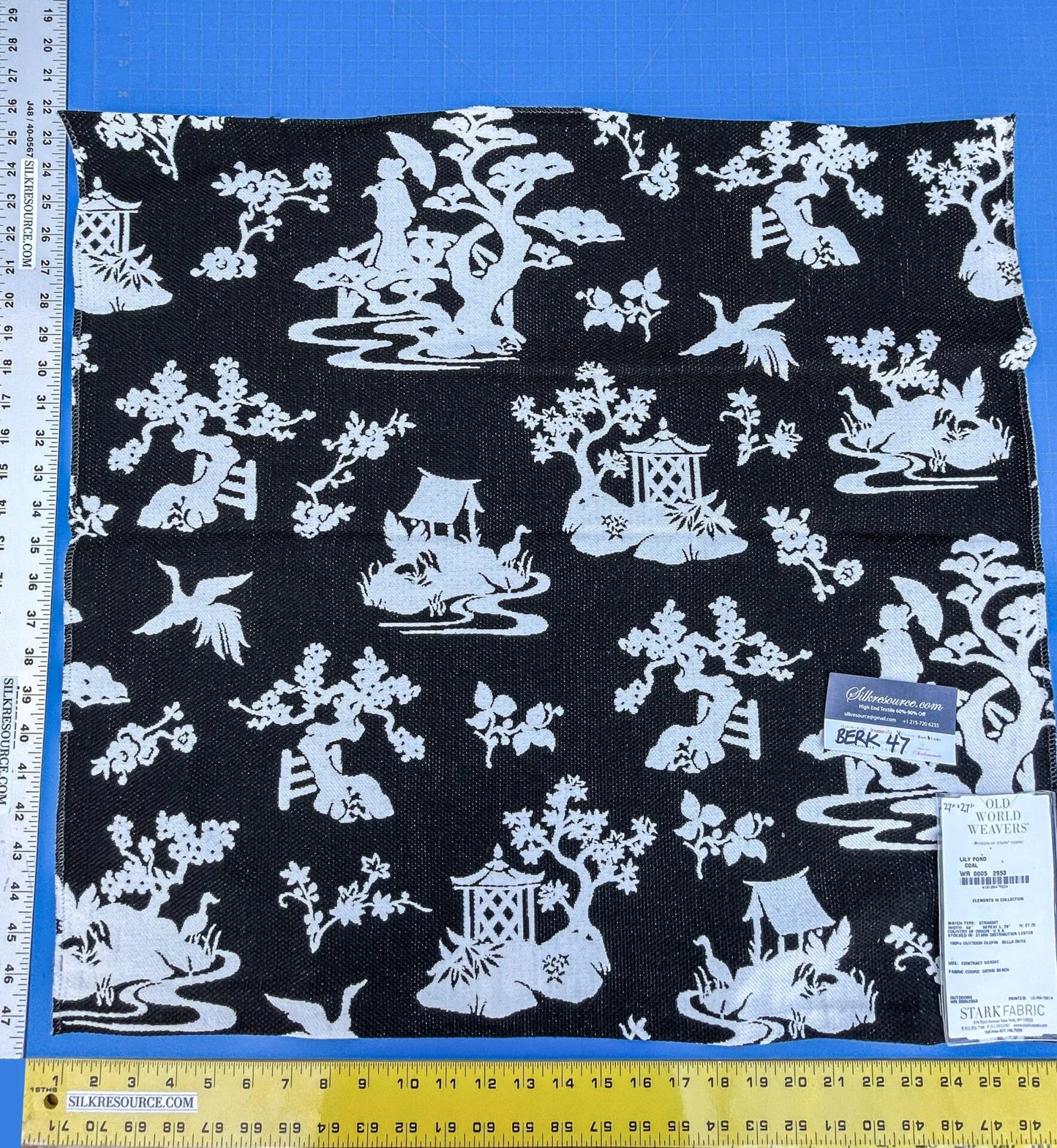 41 Berkbox47 27″x 27″ Square Scalamandre LILY POND COAL Black and White Outdoors Bird/ Animal Chinoiserie