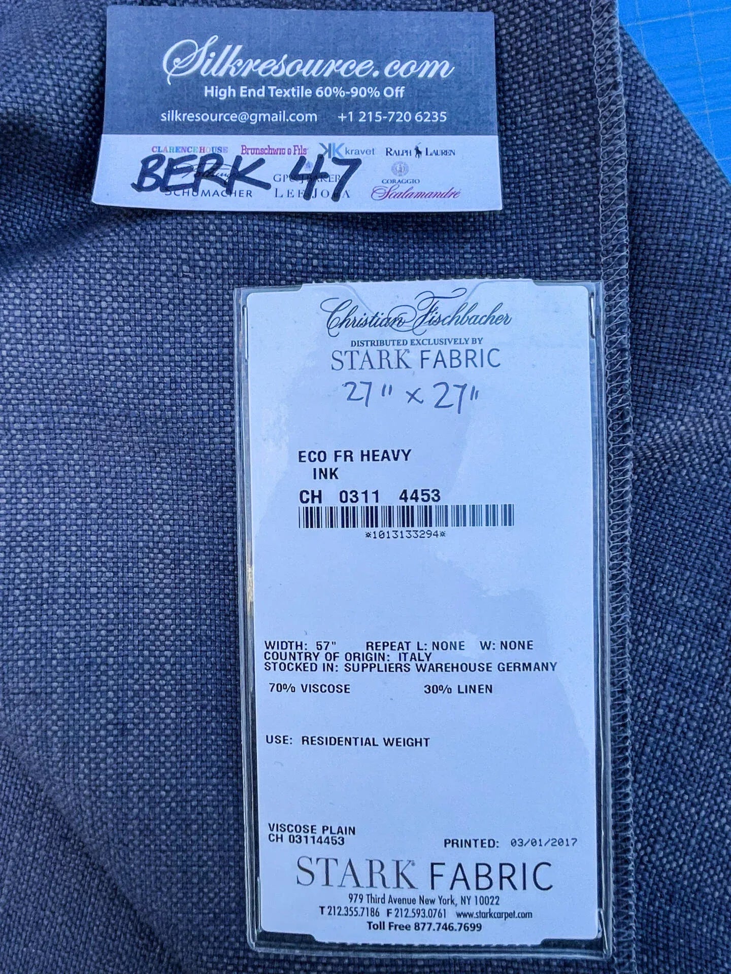 47 Berkbox47 27″x 27″ Square Scalamandre ECO FR HEAVY INK Blue Viscose Plain