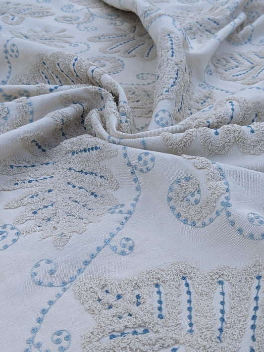 Scalamandre Fossils Embroidered Heavy Cotton - Blue on White