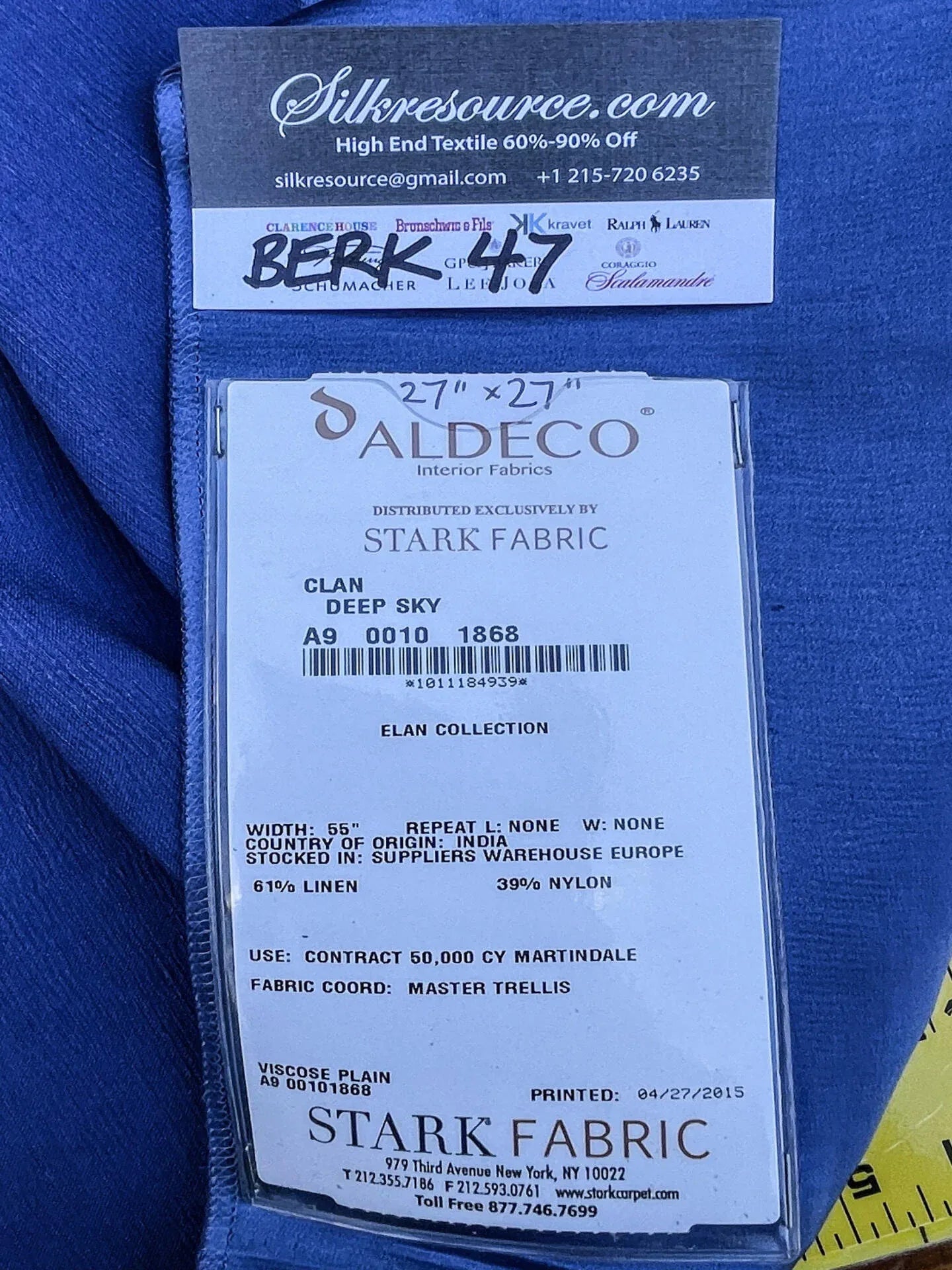 54 Berkbox47 27″x 27″ Square Scalamandre CLAN DEEP SKY Blue Viscose Plain