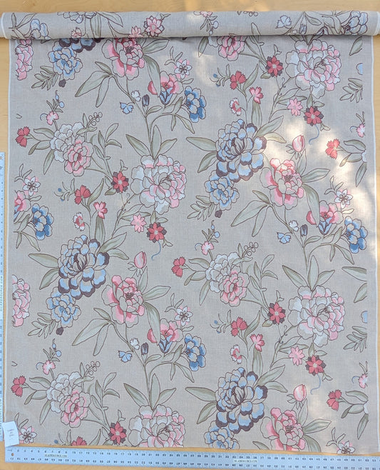 Scalamandre Embroidery Peony Salena in Rose Pink Blue on Beige Heavy Linen MSRP USD 108/y