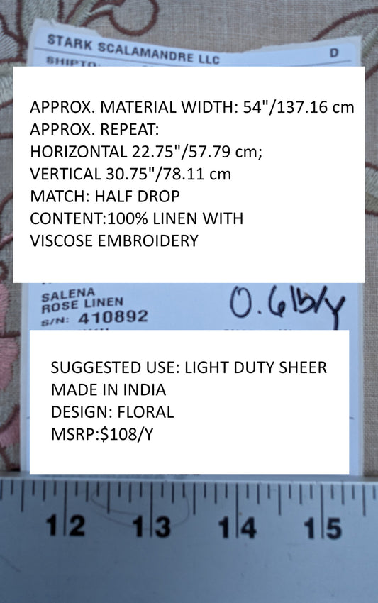 Scalamandre Embroidery Peony Salena in Rose Pink Blue on Beige Heavy Linen MSRP USD 108/y