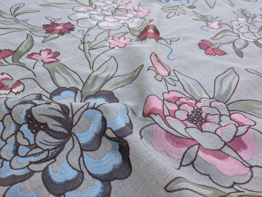 Scalamandre Salena Embroidered Linen - Rose Pink Blue on Beige