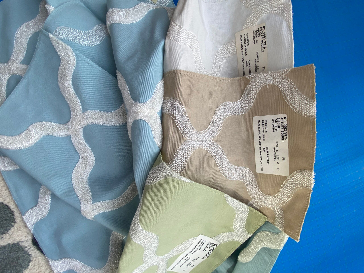 14 Berkbox75 Square Embroidery by Fonthill Astley Boucle Blue 1yd x 25" Diamond Ogee MSRP USD 338/Y