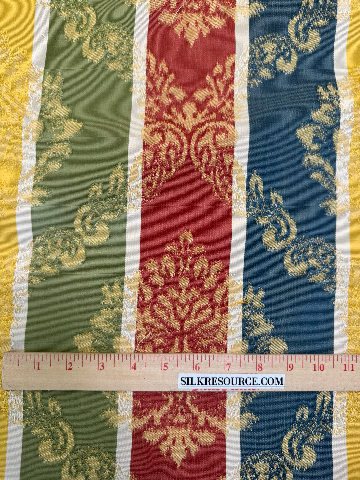 Scalamandre Cortona Stripe Bleu Gold Green Red Under the Tuscany Sun Renaissance Artichoke Damask Strie Stripe Cotton Blend -By The Yard