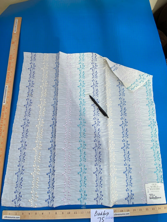 19 Berkbox75 Square Embroidery by Old World Weavers Tendrils Delphinium Blue on White Linen Embroidered Leaf Dot Stripe MSRP USD 300+/Y