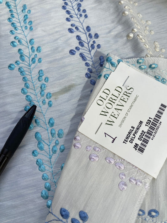 19 Berkbox75 Square Embroidery by Old World Weavers Tendrils Delphinium Blue on White Linen Embroidered Leaf Dot Stripe MSRP USD 300+/Y