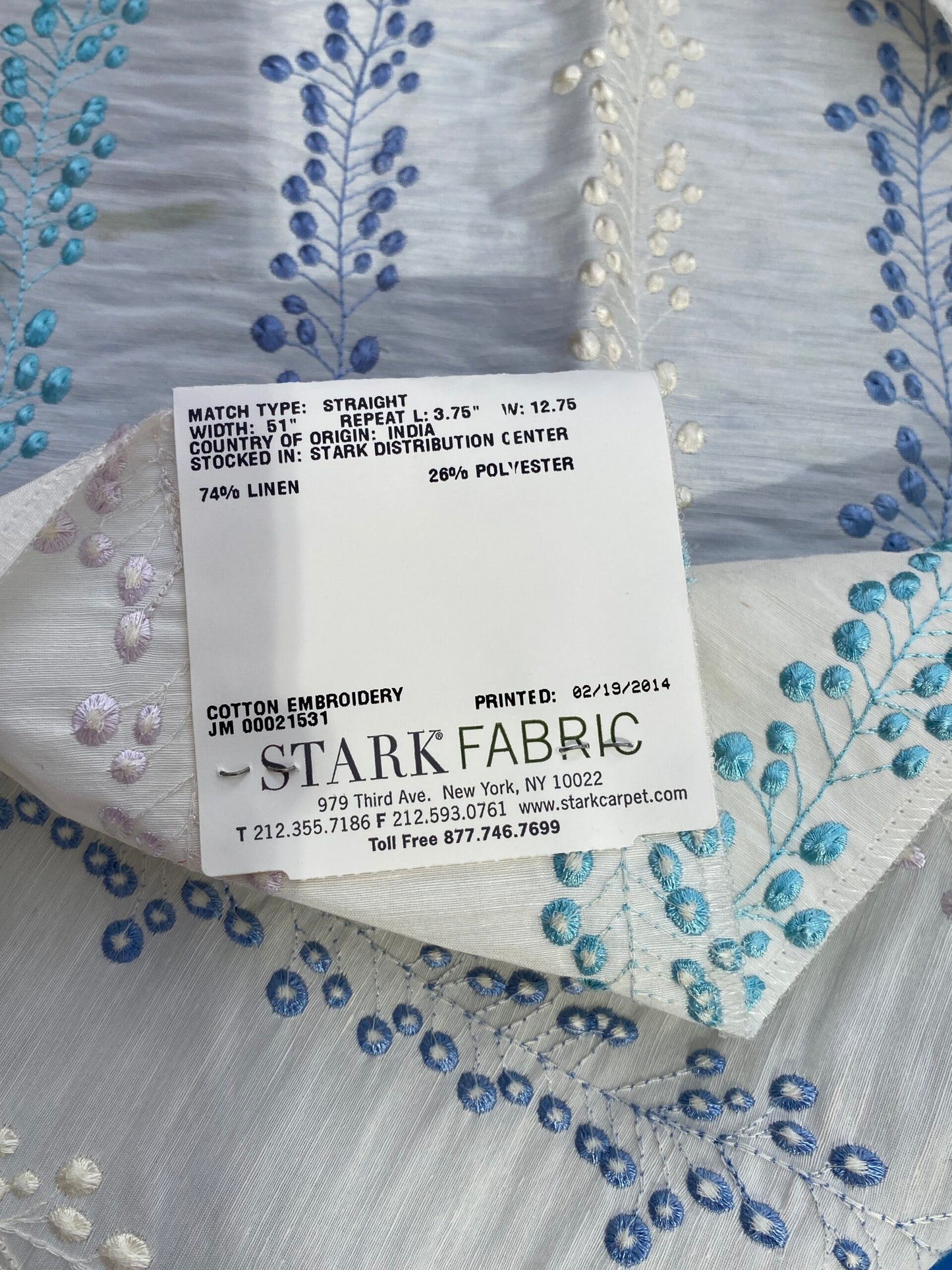 19 Berkbox75 Square Embroidery by Old World Weavers Tendrils Delphinium Blue on White Linen Embroidered Leaf Dot Stripe MSRP USD 300+/Y