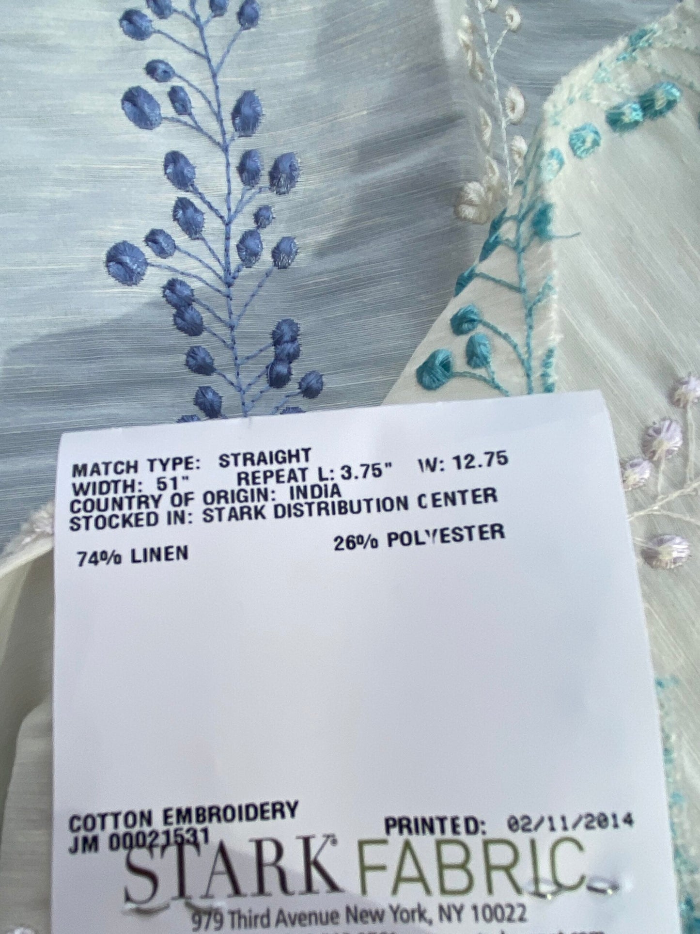 20 Berkbox75 Square Embroidery by Old World Weavers Tendrils Delphinium Blue on White Linen Embroidered Leaf Dot Stripe MSRP USD 300+/Y