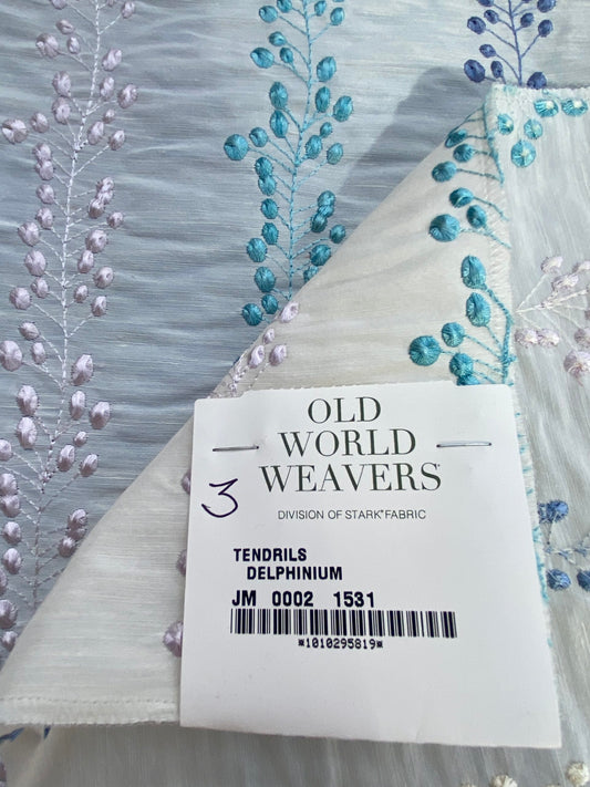 21 Berkbox75 Square Embroidery by Old World Weavers Tendrils Delphinium Blue on White Linen Embroidered Leaf Dot Stripe MSRP USD 300+/Y