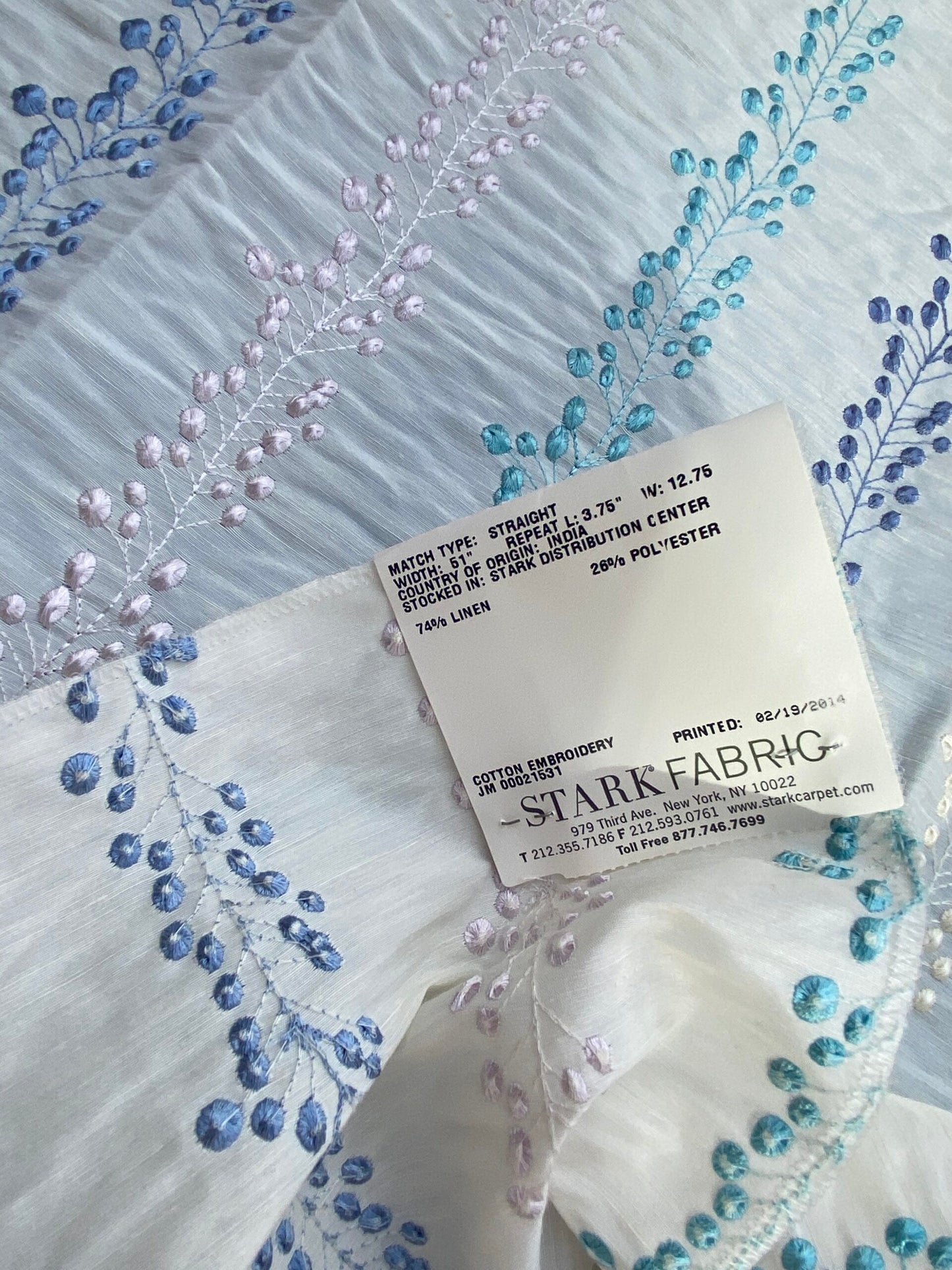 21 Berkbox75 Square Embroidery by Old World Weavers Tendrils Delphinium Blue on White Linen Embroidered Leaf Dot Stripe MSRP USD 300+/Y