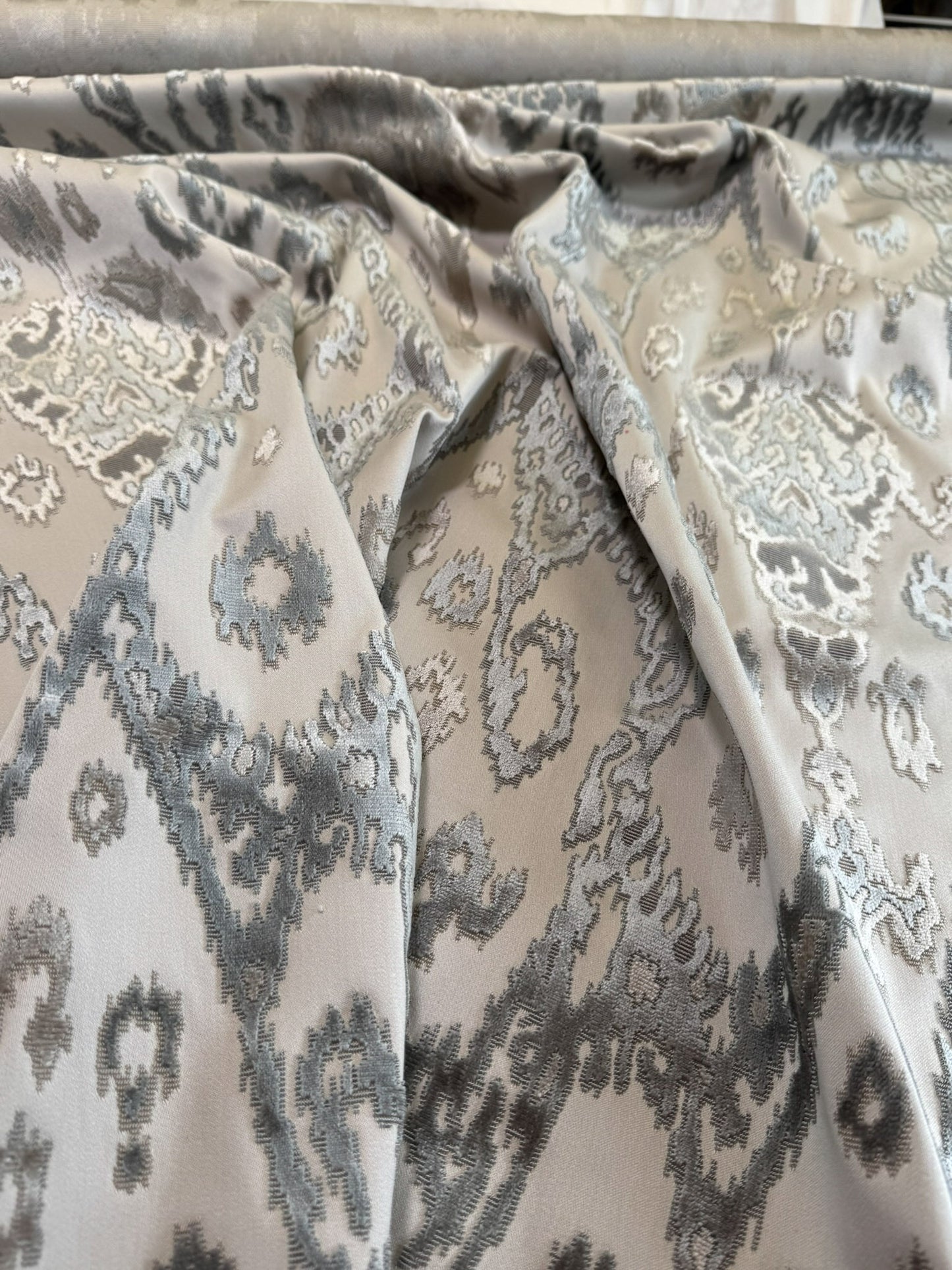 Scalamandre Tai Lao Slate Gray Beige Velvet Ikat Paisley Viscose Cotton - By The Yard- MSRP USD 532/y