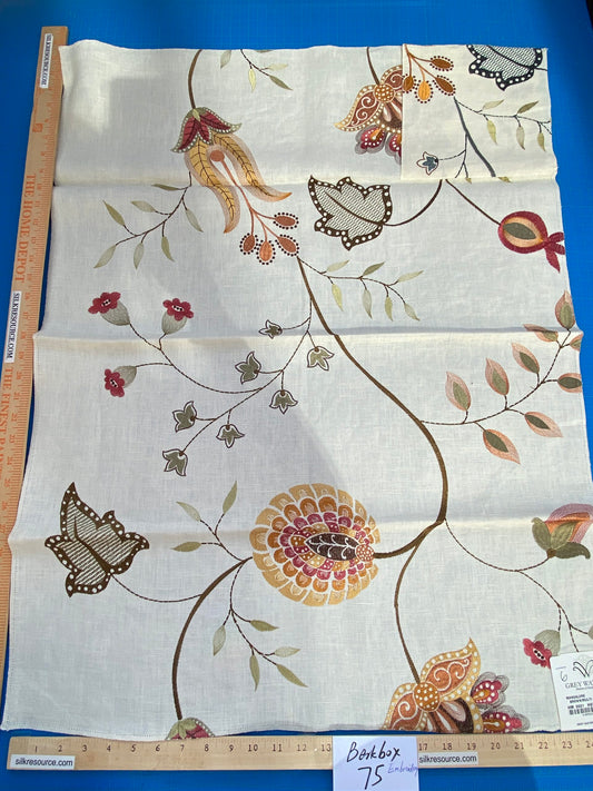 33 Berkbox75 Square Embroidery by Grey Watkins Mangalore Brown on Natural Botanical Foliage MSRP USD 240/Y