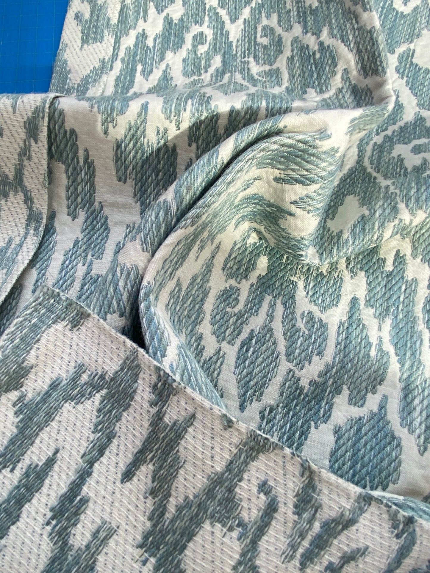 36 Berkbox75 Square Embroidery by Scalamandre Lhasa Ikat Weave Aquamarine Blue and White MSRP USD 362/Y