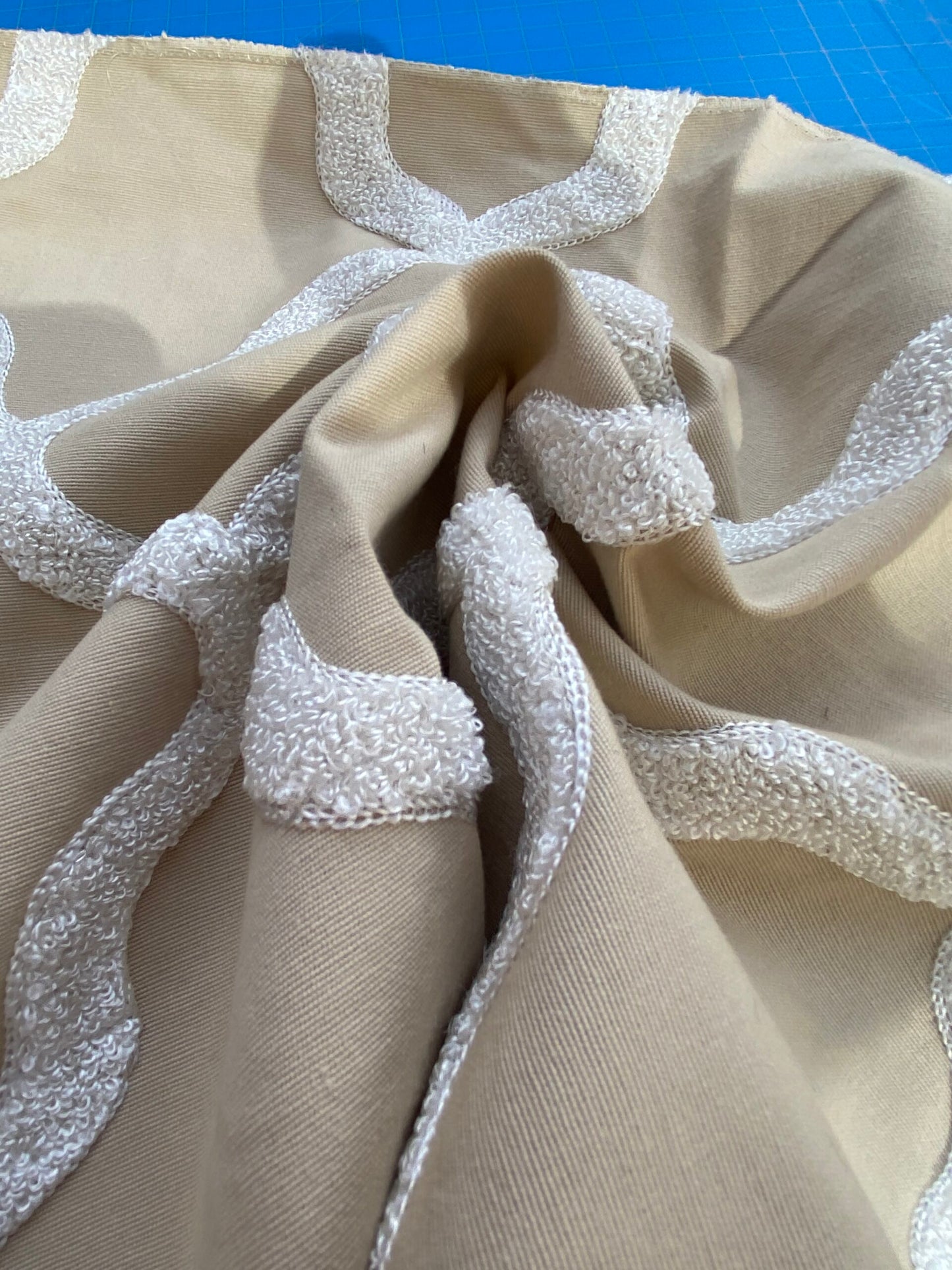 45 Berkbox75 Square Embroidery by Fonthill Astley Boucle Biscuit Beige White Diamond Ogee Cotton MSRP USD 338/Y