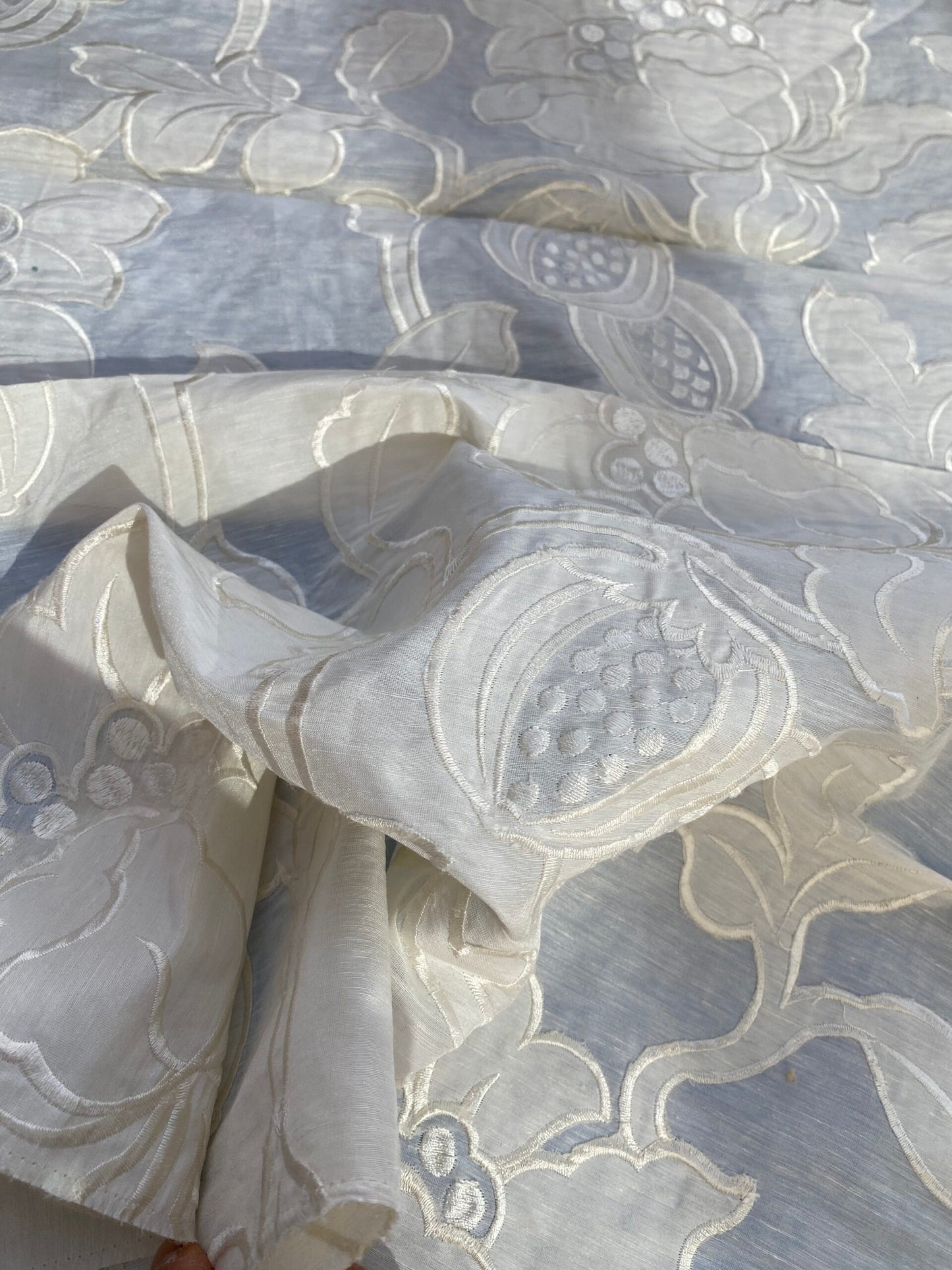 2 Berkbox76 Square Embroidery by Fonthill Granada Ivory White Peony Pomegranate Embroidery Linen Sheer MSRP USD 230y