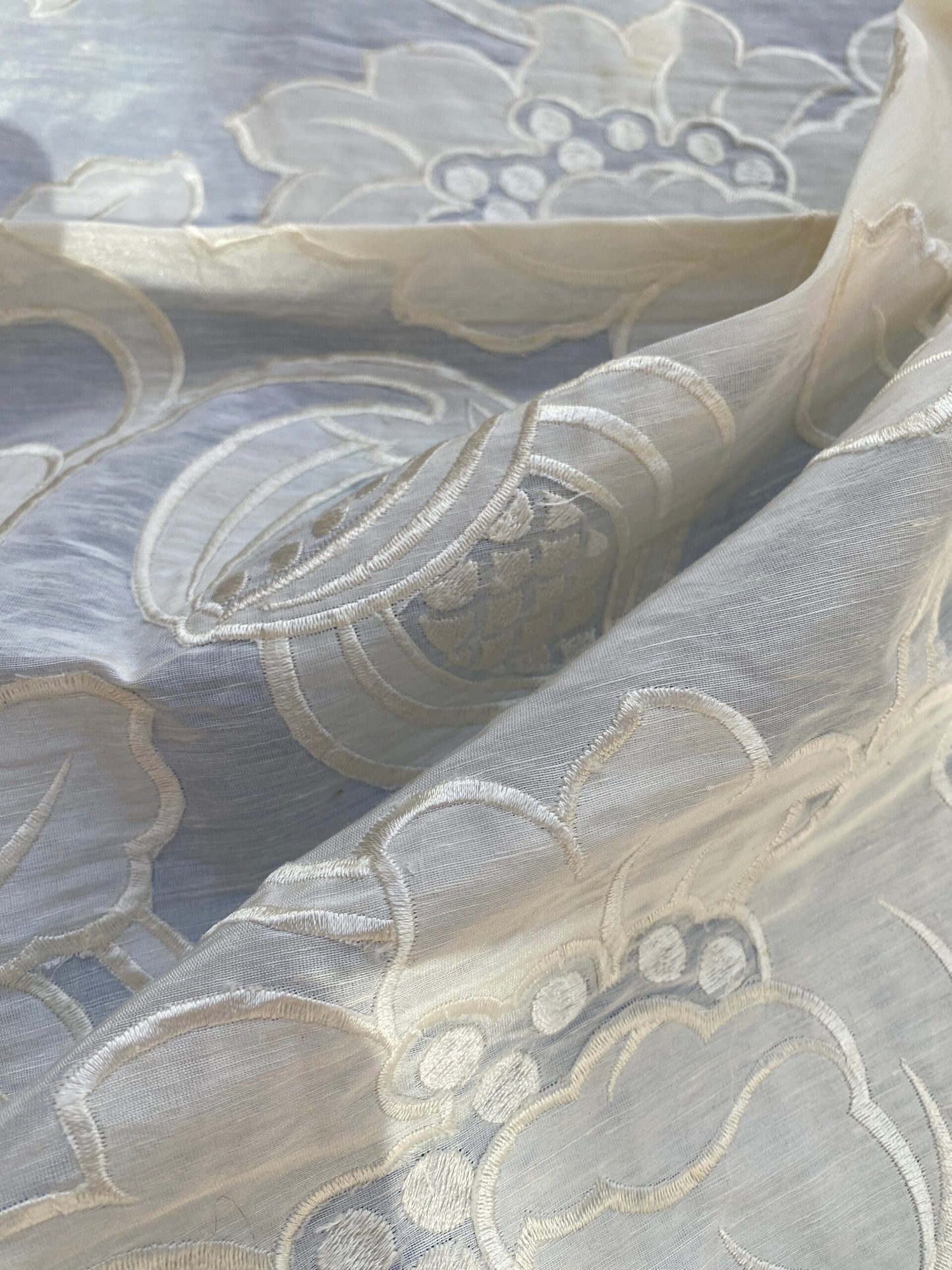 3 Berkbox76 Square Embroidery by Fonthill Granada Ivory White Peony Pomegranate Embroidery Linen Sheer MSRP USD 230y