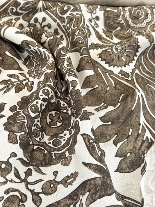 Scalamandre Luciana Damask Linen Print Espresso Brown White Damask Print Gray MSRP USD 346/Y