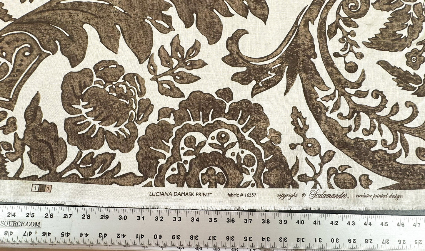 Scalamandre Luciana Damask Linen Print Espresso Brown White Damask Print Gray MSRP USD 346/Y