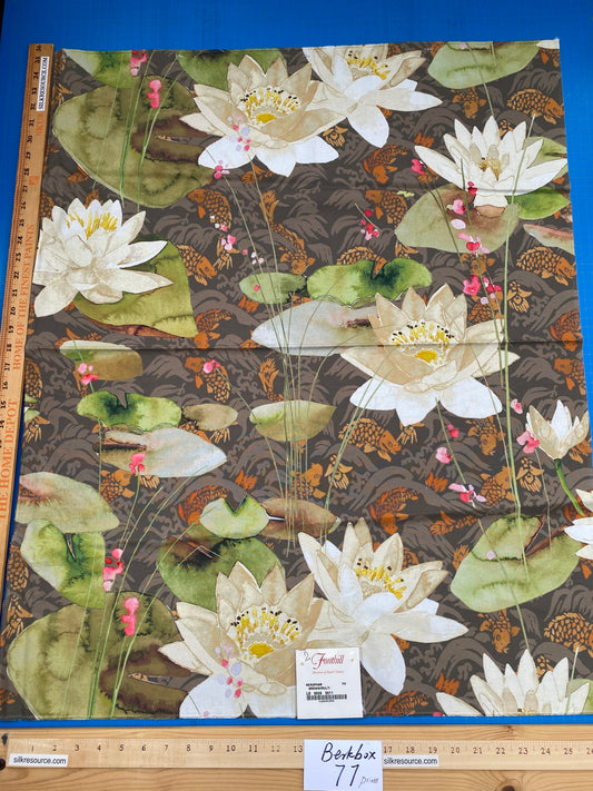 15 Berkbox77 Square Printed Fabrics by Nenuphar Brown/Multi Lotus Pond Koi Fish Cotton 1yd x 26" MSRP USD196/y
