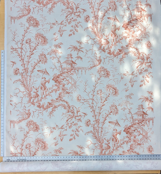 Scalamandre Pillement in Coral Chinoiserie Toile Print Cotton Pink Red White Landscape Pagoda Jean-Baptiste Pillement MSRP USD 300+/y