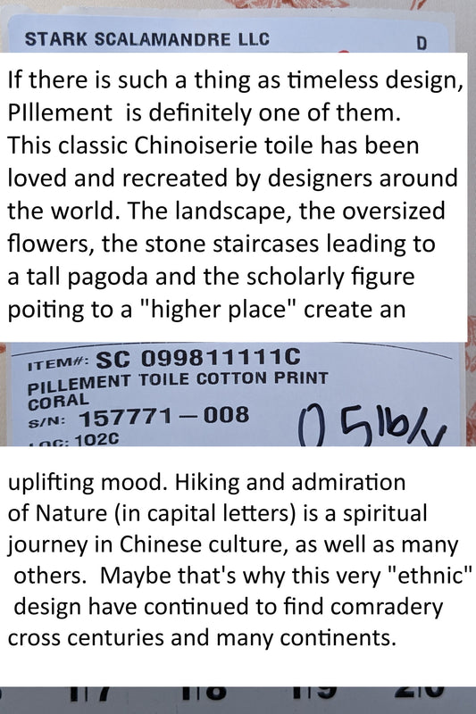 Scalamandre Pillement in Coral Chinoiserie Toile Print Cotton Pink Red White Landscape Pagoda Jean-Baptiste Pillement MSRP USD 300+/y
