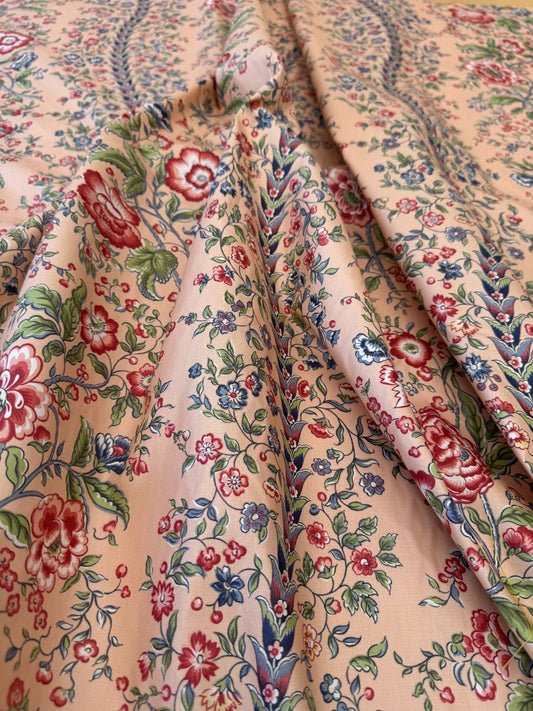 Clarence House Le Chantily Floral Garland Hand Print Chintz Green Red Blue on Peach Pink Cotton Print - By The Yard