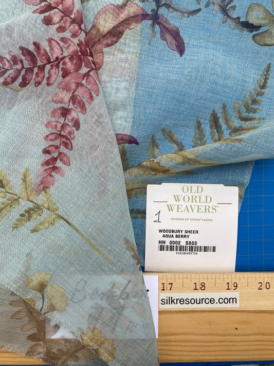 33 Berkbox77 Square Printed Fabrics by Old World Weavers Woodbury Sheer Aqua Berry Blue Gray Floral Print Sheer MSRP USD 100/