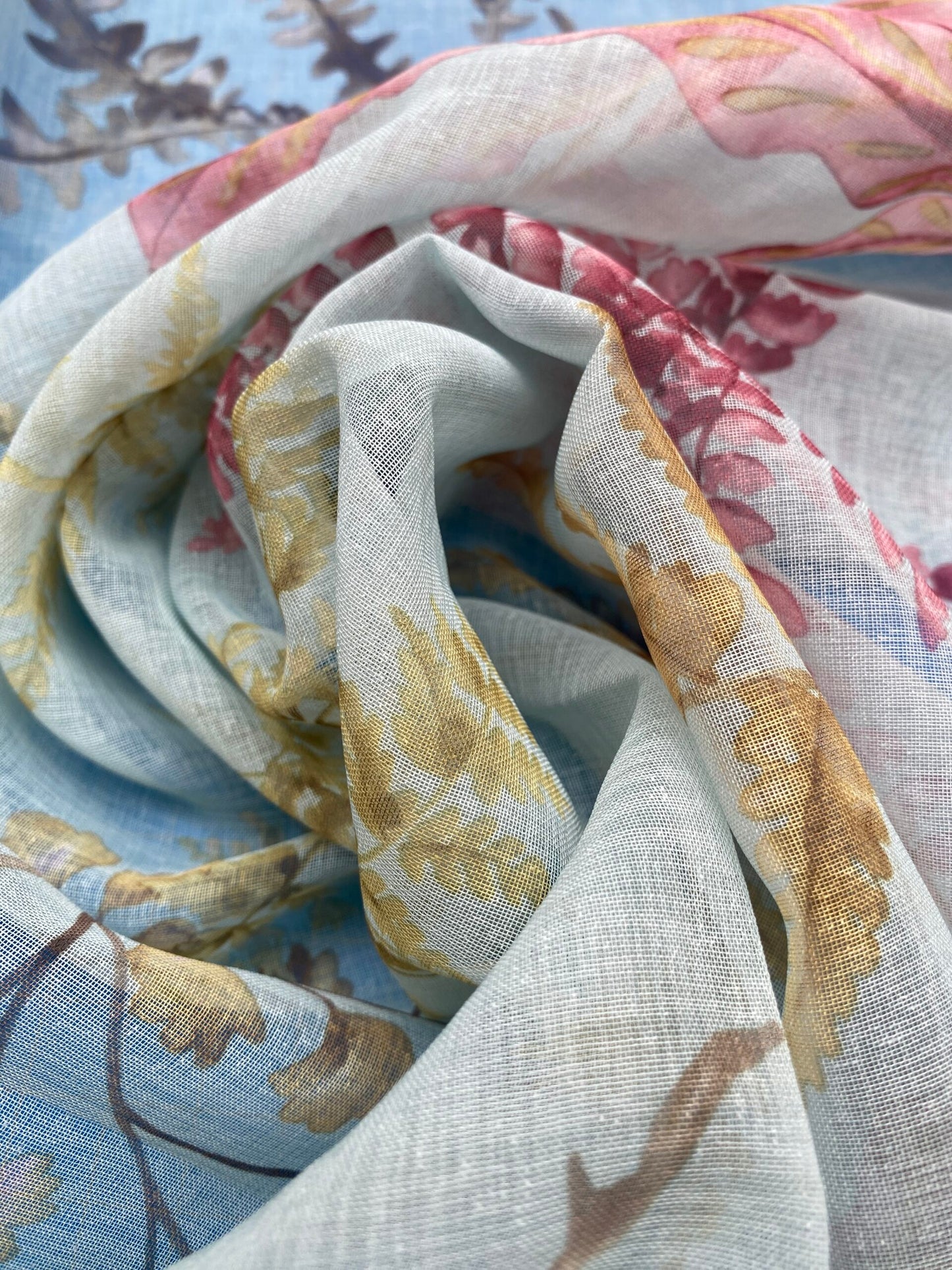 33 Berkbox77 Square Printed Fabrics by Old World Weavers Woodbury Sheer Aqua Berry Blue Gray Floral Print Sheer MSRP USD 100/