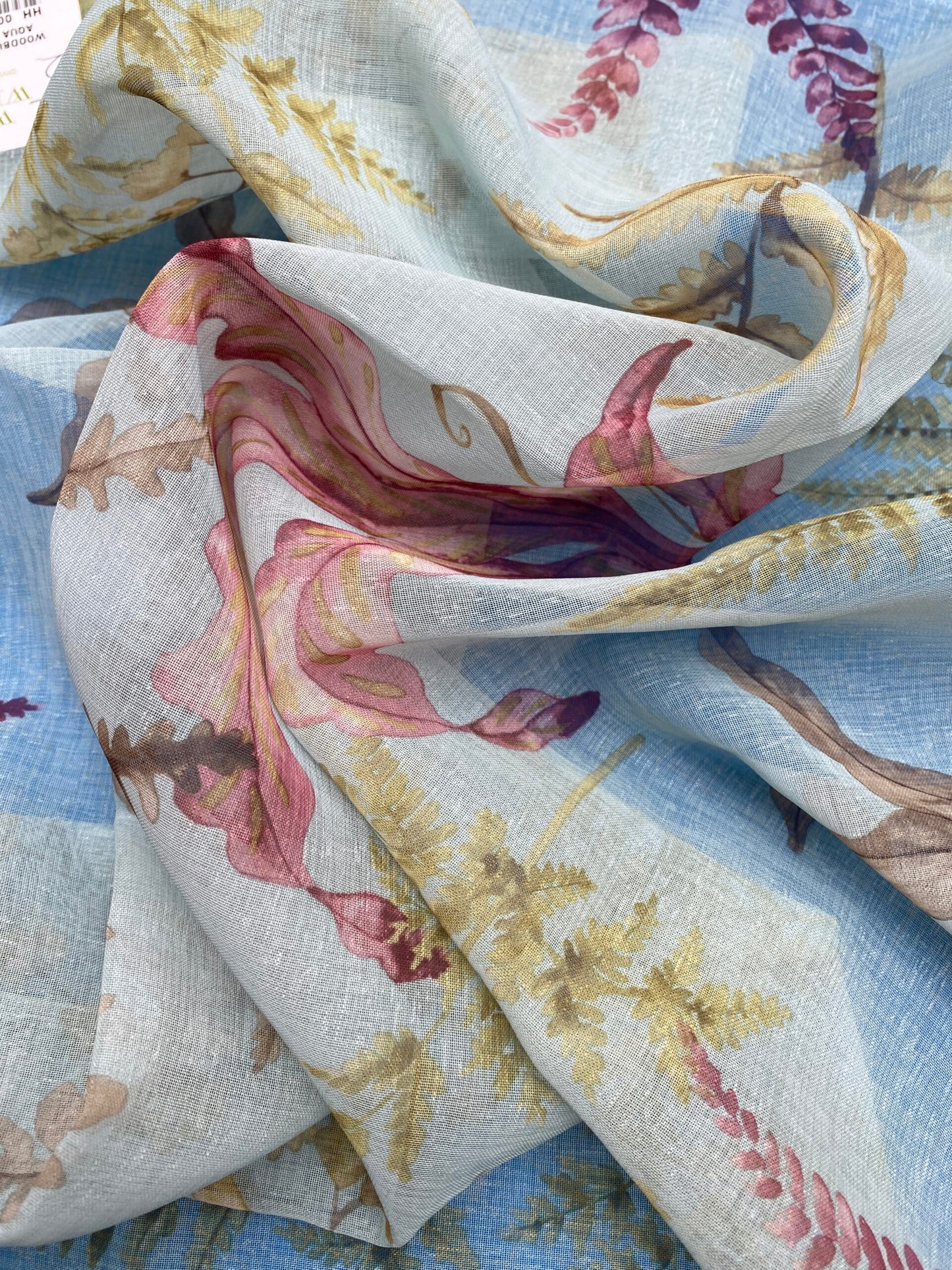 34 Berkbox77 Square Printed Fabrics by Old World Weavers Woodbury Sheer Aqua Berry Blue Gray Floral Print Sheer MSRP USD 100/y