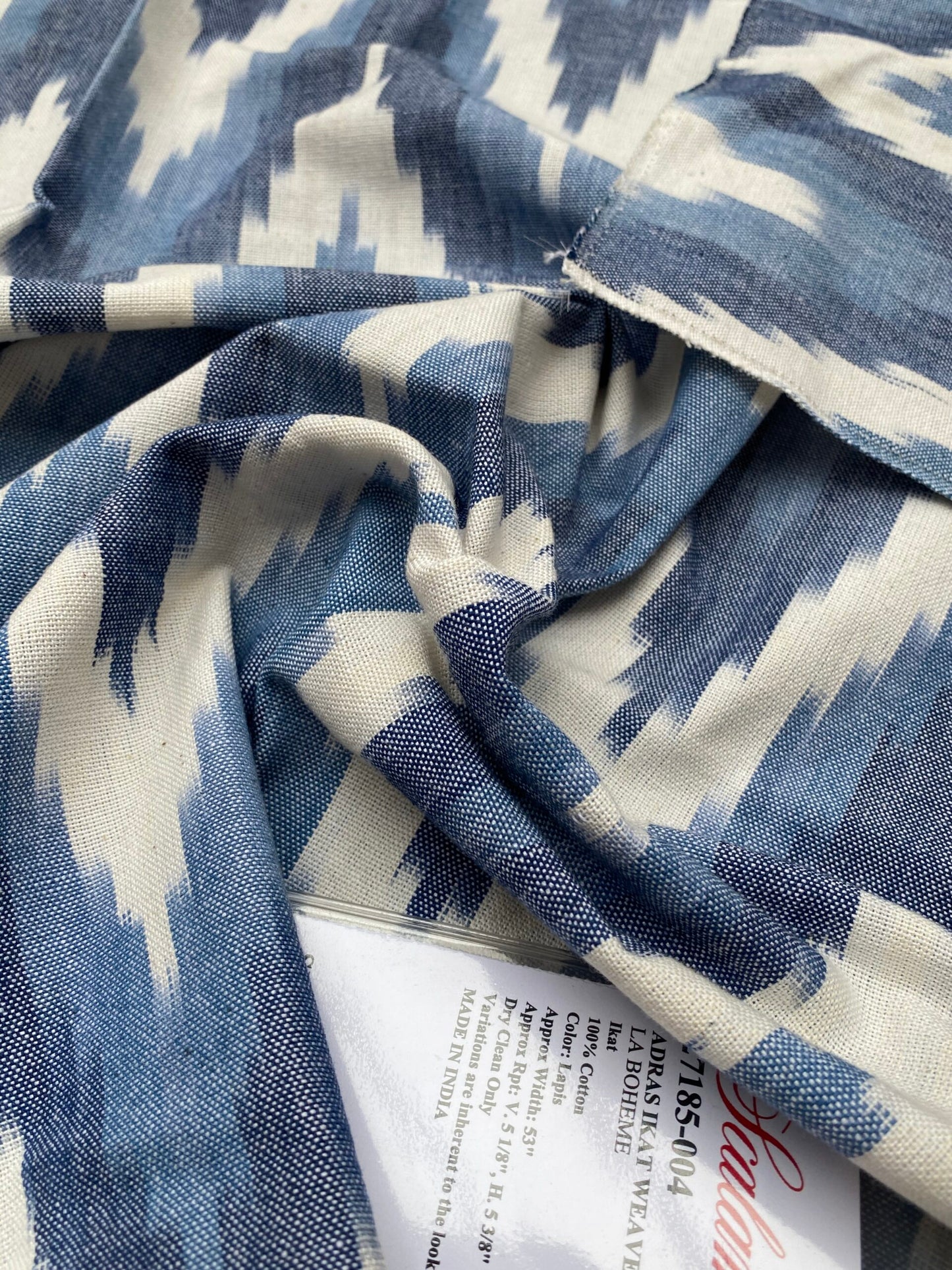 41 Berkbox77 Square Printed Fabrics by Scalamandre Adras Ikat Weave Lapis Blue White Cotton Chevron MSRP USD 150/y
