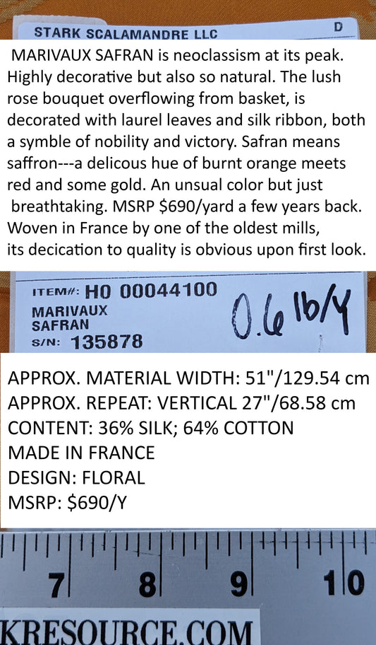Scalamandre Tassinari & Chatel Marivaux Safran Orange Saffron Red French Court Silk Lampas Neoclassism Flower Basket MSRP USD690/y