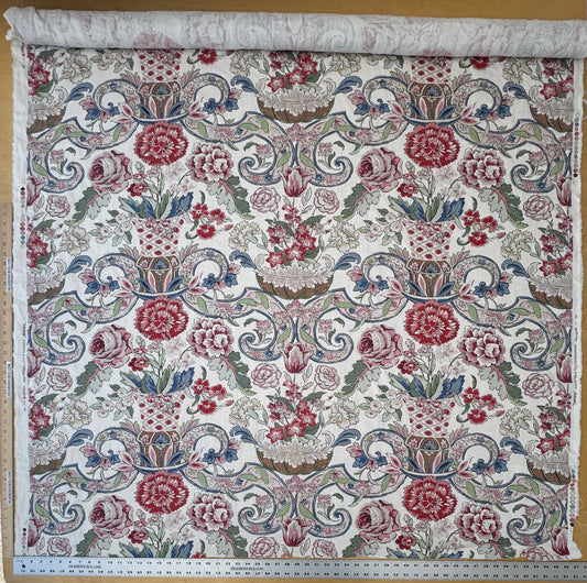 1.71 Yards Cowtan & Tout Savona Print Floral Basket Pink Red Blue Green on Cream Linen