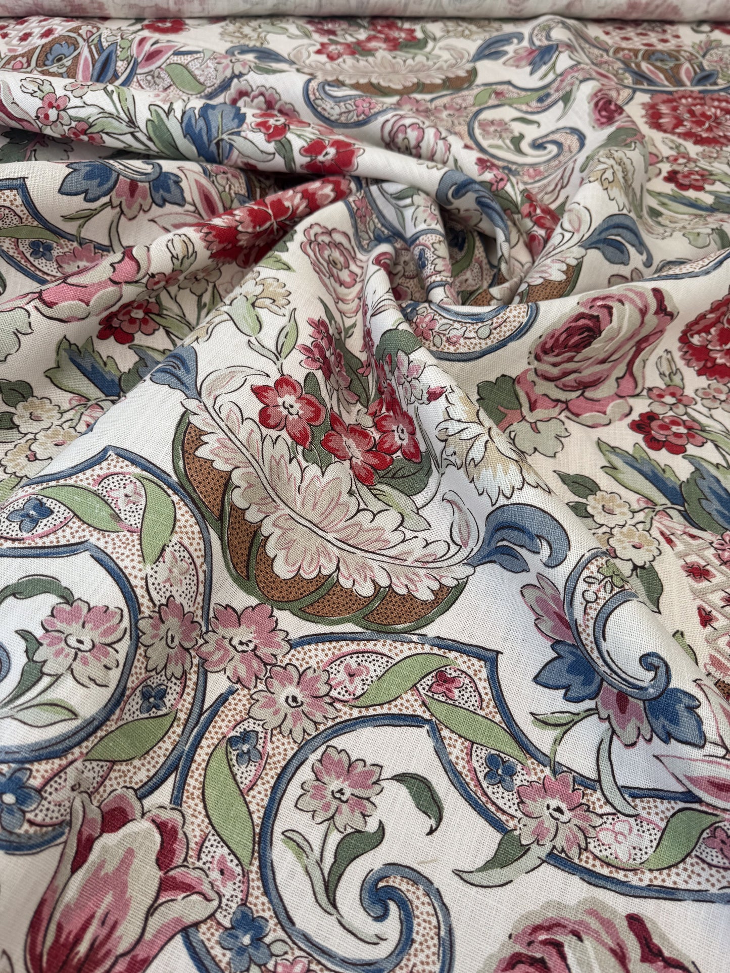 1.71 Yards Cowtan & Tout Savona Print Floral Basket Pink Red Blue Green on Cream Linen