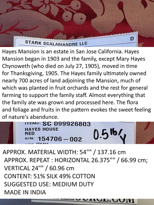 Scalamandre Hayes House Red Damask Large Silk Cotton Renaissance Historical Artichoke MSRP USD300+/y