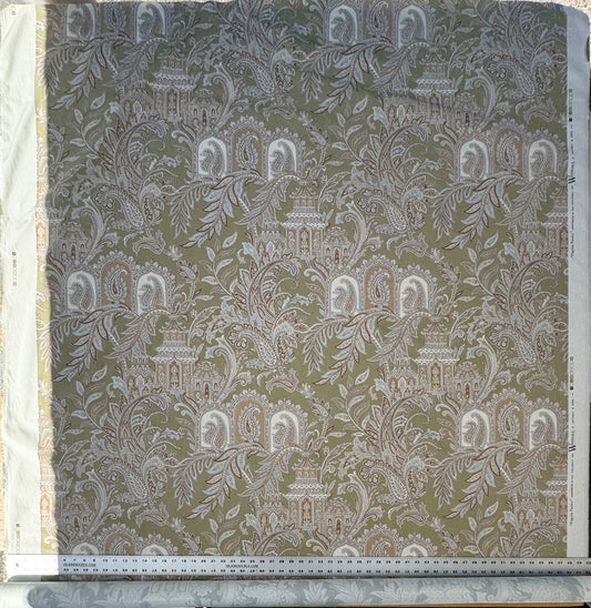 Scalamandre Pagoda Paisley Cotton Arabesque Garden Hand Printed In Italy Cream Brown On Green - By The Yard - MSRP USD 198/YD