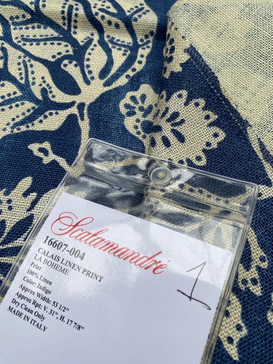 87 Berkbox77 Square Printed Fabric by Scalamandre Calais Linen Print Indigo Navy Blue Cream White Floral MSRP 300+/y