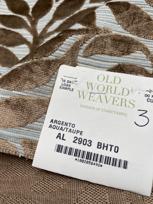 3 Berkbox78 Square Velvet by Scalamandre Argento Aqua/Taupe Cut-Velvet Leaves Brown MSRP USD 380/y