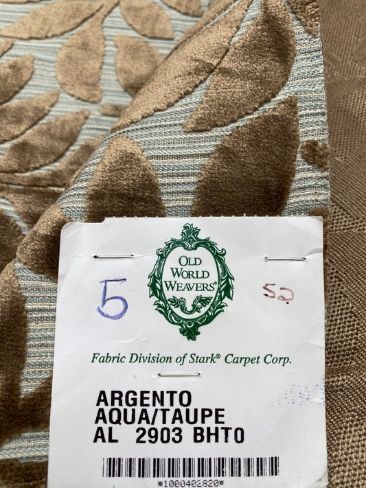 5 Berkbox78 Square Velvet by Scalamandre Argento Aqua/Taupe Cut-Velvet Leaves Brown 1yd x 25" MSRP USD 380/y